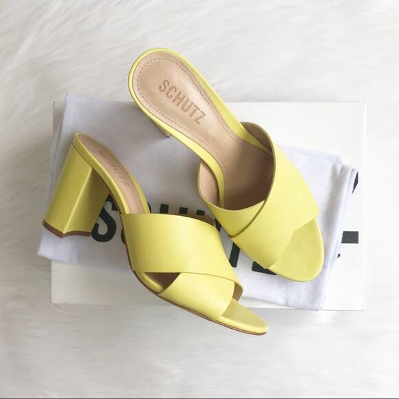 SCHUTZ Renna Leather Mule Block Heel Sandal Yellow - Picture 2 of 8